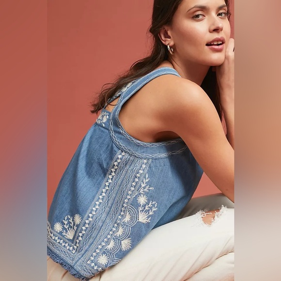 Anthropologie Meadow Rue Embroidered Denim Halter Top - Picture 3 of 11